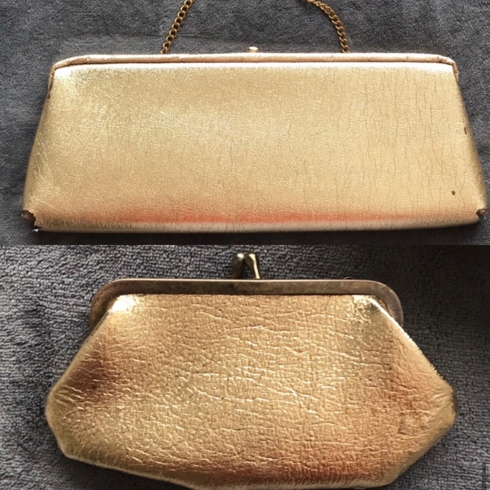 Vintage two Piece Gold Metallic long clutch matching chain coin purse
